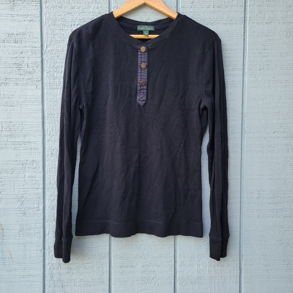 RL Lauren Jean Co Thermal Henley sz L 100% Cotton Black Equestrian Rugged